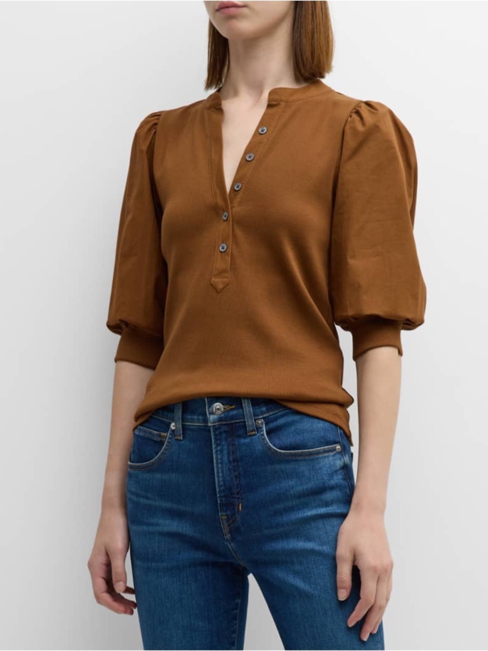 Veronica Beard Coralee Puff Sleeve Button-Front Top Dark Ochre